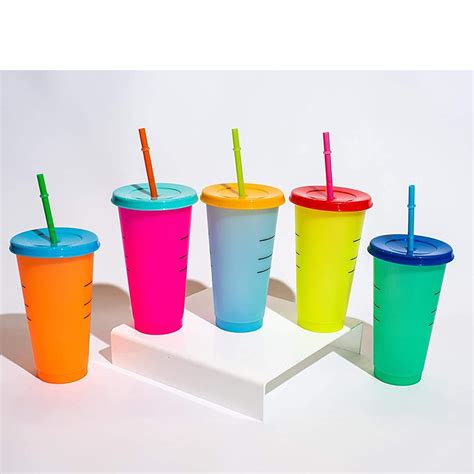 5 pack Bright Color Changing Cold Cups. 24 oz Reusable Cups with Lids ...