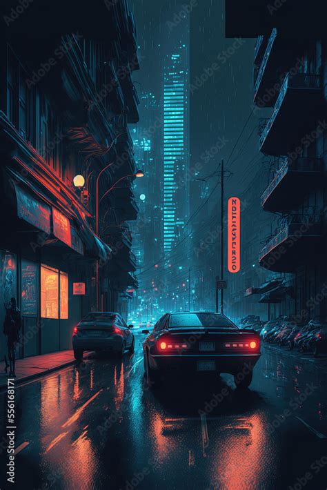 cyberpunk city street at night, dark vintage sci-fi art illustration ...