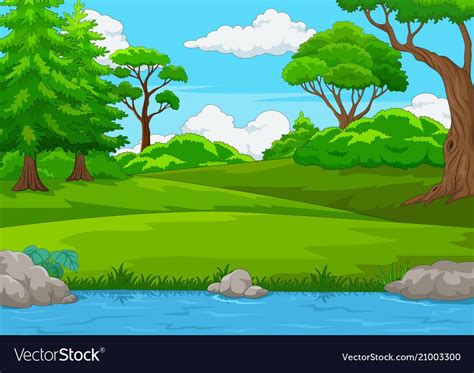 Forest scene with many trees and river Royalty Free Vector Powerpoint ...