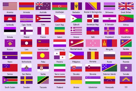 Some flags of the world but the blue color is replaced by purple ...