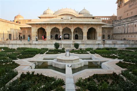 The Amer fort is built with white marble and red sandstone and look ...