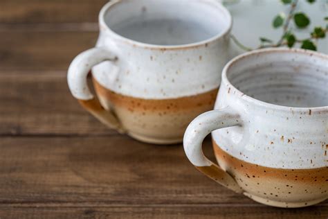 2 White Round Ceramic Mugs Handmade Large Pottery Tea or - Etsy UK