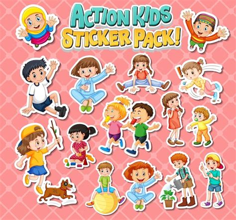 Free Vector | Set of stickers design with kids doing different activities