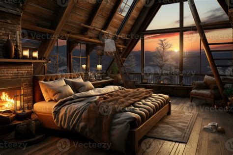 A cozy winter cabin bedroom with a fireplace, warm blankets, and snowy ...