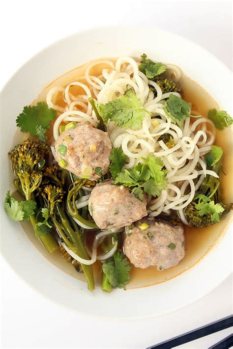 Inspiralized: Daikon Noodles and Broccolini with Asian Pork Meatballs