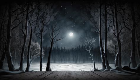 Dark abstract winter forest background. Wooden floor, snow, fog. Dark ...