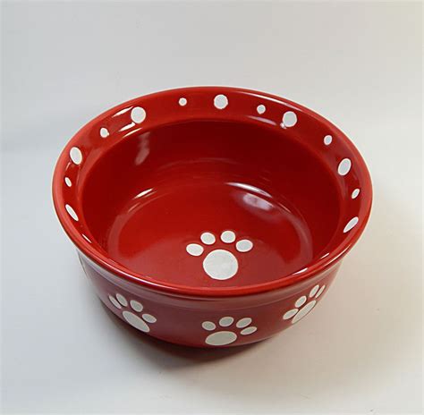 Ceramic Dog Cat Pet Bowl Dish Red White Paw Print Signature Housewares ...