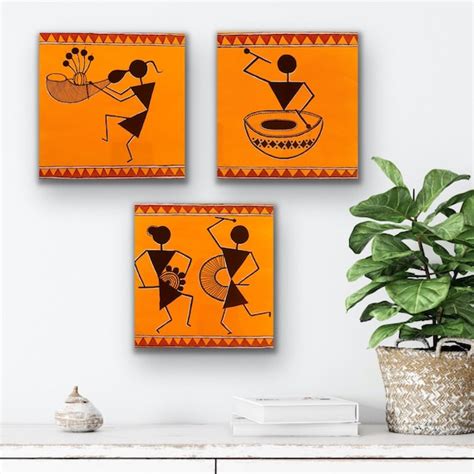 Hand Painted Set of 3 Warli Painting on Canvas Traditional - Etsy