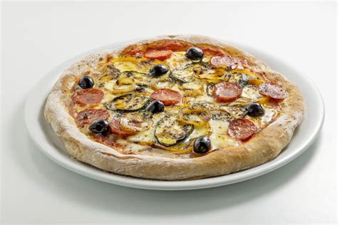 Pizza Mozzarella Tomato Salami and Grilled Vegetables Stock Image ...