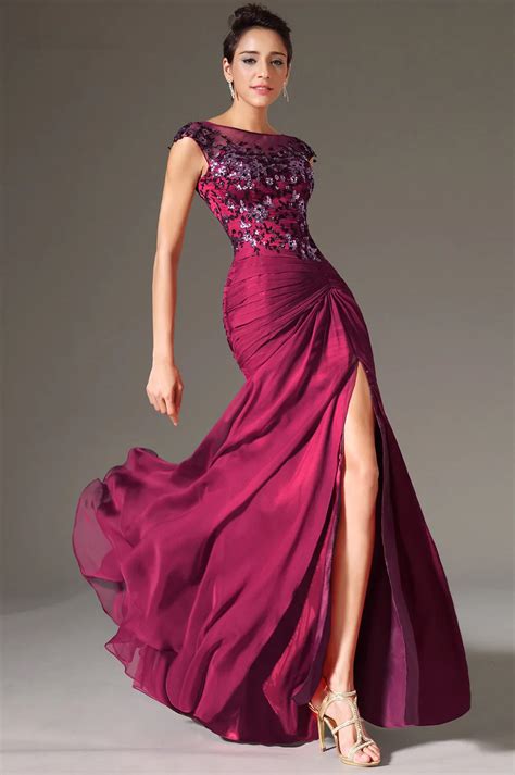 Purple Evening Dresses 2019 Mermaid Cap Sleeves Chiffon Lace Slit Sexy ...