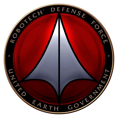 a red and black emblem with the words, robotech defense force united ...