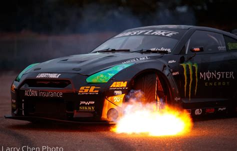 Обои огонь, пламя, Nissan, GT-R, drift, Monster Energy, R35, Larry Chen ...