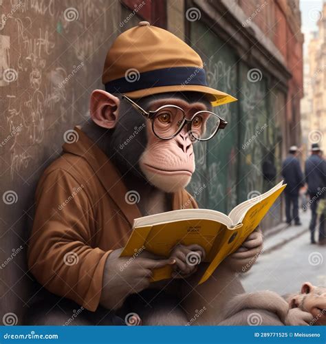 A Monkey Wearing Reading Glasses, Hat and Clothes, is on an Urban ...