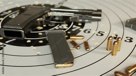 Gun and ammo on the shooting target. 9mm pistol with bullets and ...