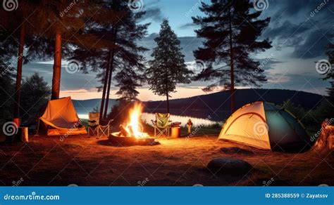 Camping in the Night with Fire Stock Illustration - Illustration of ...