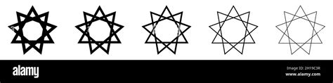 Bahai star. Black linear Baha'i symbols set. Religious symbol of ...