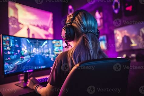 Shot of gamer girl is sitting by the PC 27807430 Stock Photo at Vecteezy