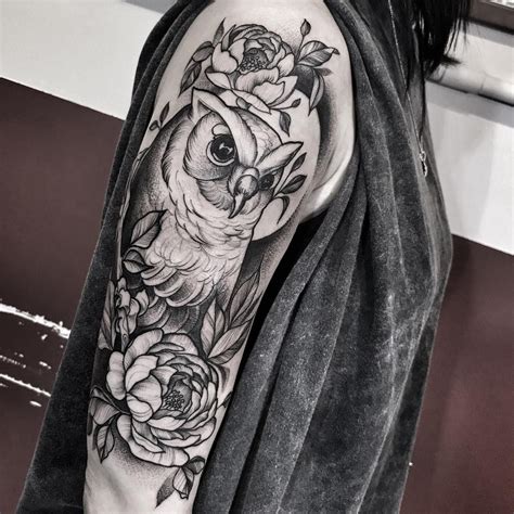 blackwork cute owl halfsleeve tattoo by @mateuszwojtak Bird Tattoos Arm ...