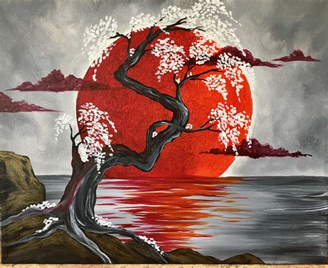 Japanese Crimson Moon Painting