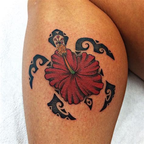 Hawaiian Flower Turtle Tattoo Design For Leg Calf | Tribal flower tattoos