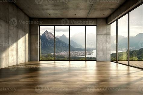 Empty room with panoramic window and mountain view. Generative AI ...