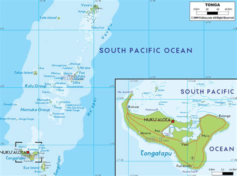 The Physical Map of Tonga showing major geographical features like ...