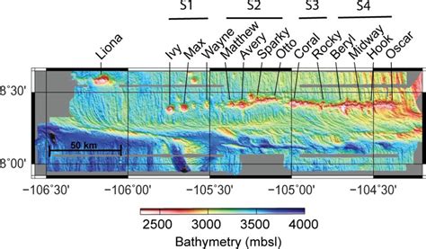 Bathymetric map shows the 8°20’N Seamount Chain and names of key ...