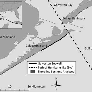 Location map of the study area. The path of Hurricane Ike split the ...