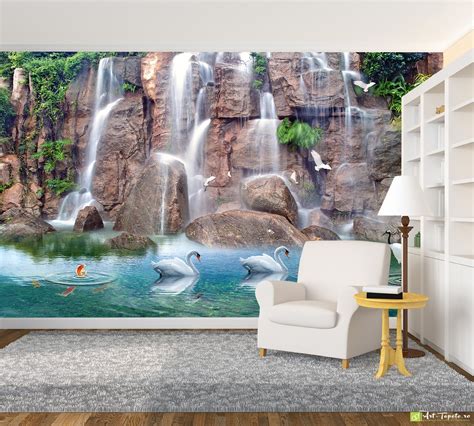 Nature Wallpaper & Wall Murals - Waterfall with swans | Fototapet.art ...