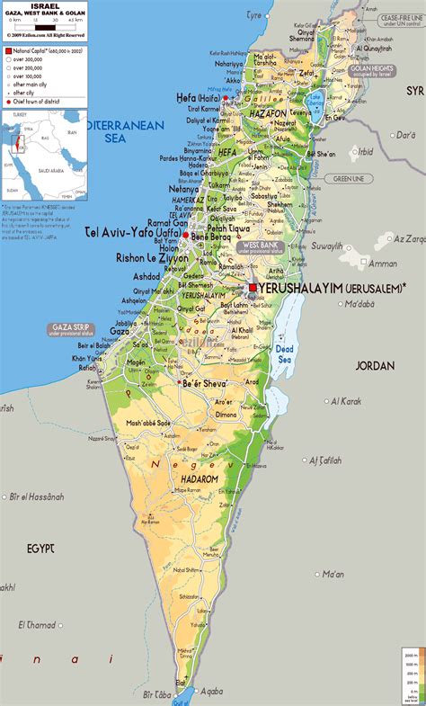 Detailed physical map of Israel with all roads, cities and airports ...