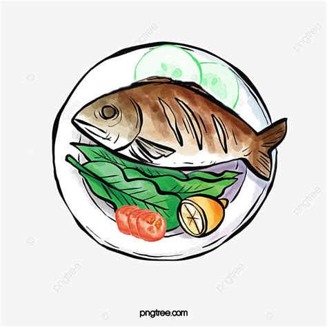 Grilled Fish Clipart Vector, A Whole Grilled Fish, Cucumber, Plate ...