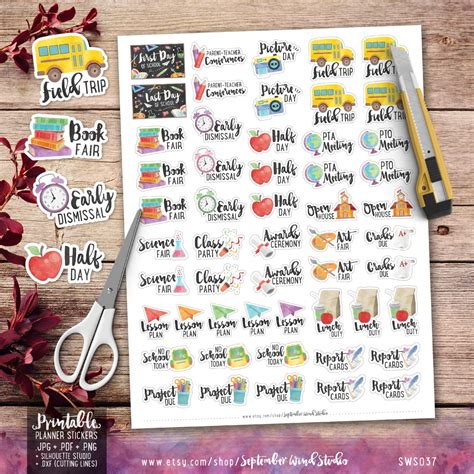 School Printable Planner Stickers Watercolor School Stickers - Etsy