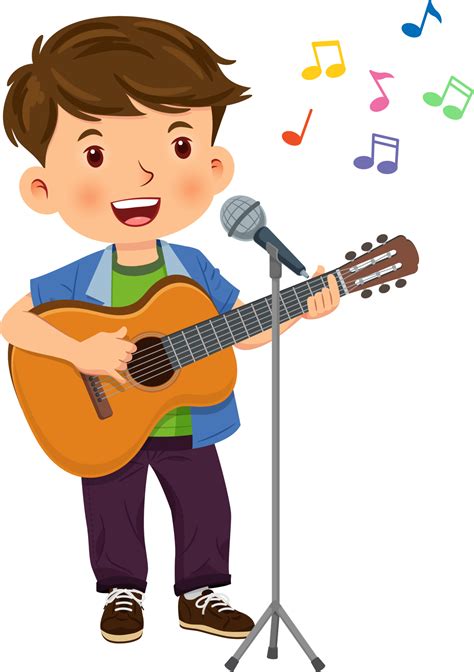 Happy cute boy is playing the guitar and singing into a microphone ...