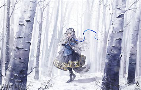 Pramanix, arknights, gray hair, animal ears, forest, snow, trees ...