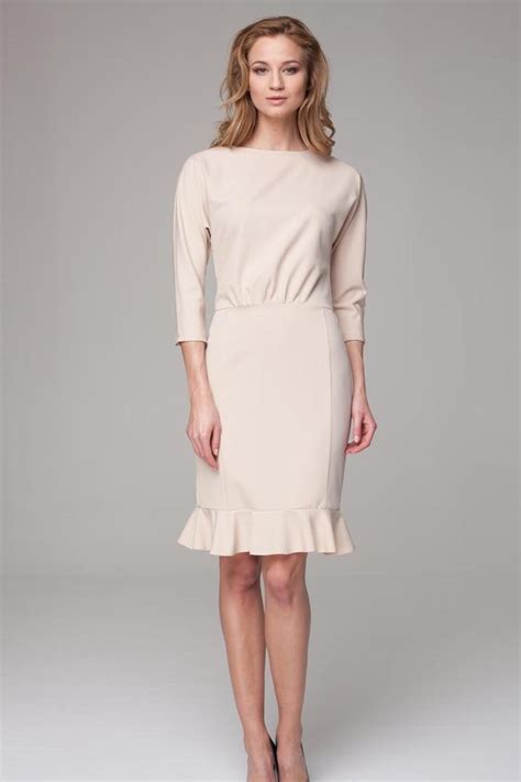 Beige 3/4 Sleeves Frilled Midi Dress