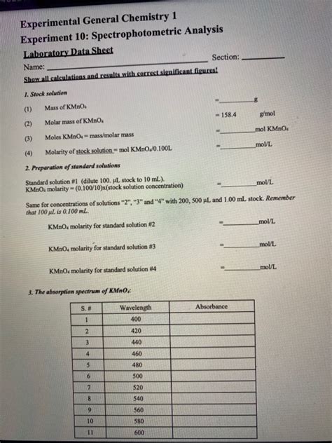 Solved Experimental General Chemistry 1 Experiment 10: | Chegg.com