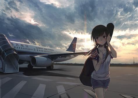 HD wallpaper: girl, sky, anime, airplane, flag, japanese, China Souther ...