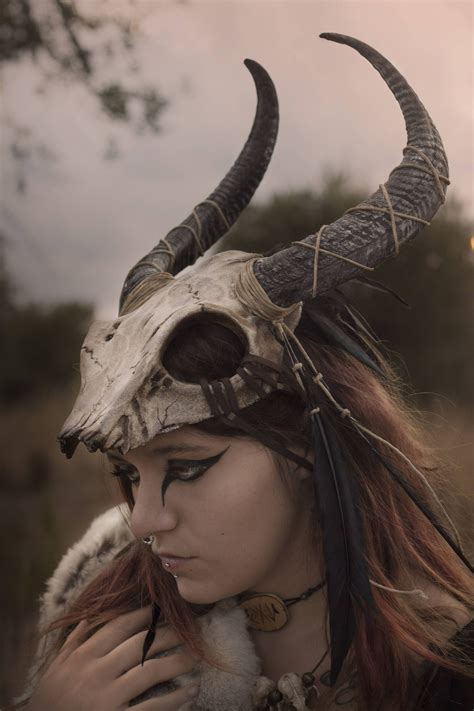 Skull headdress feather viking costume shaman mask black horns tribal ...