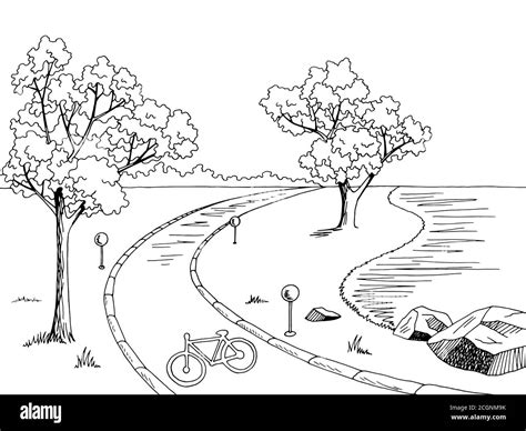 Park bike path graphic black white landscape sketch illustration vector ...