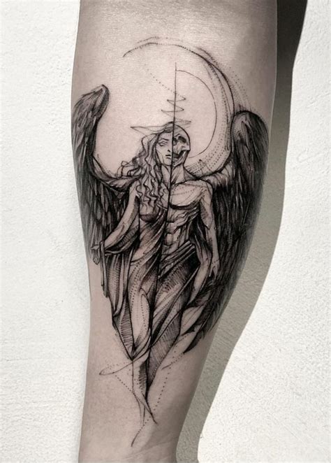 black-and-white-tattoo-of-a-woman-half-angel-half-demon-tattoo-forearm ...