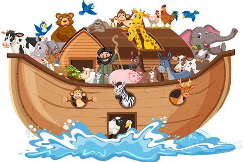 Animals on Noah's ark with sea wave isolated on white background ...