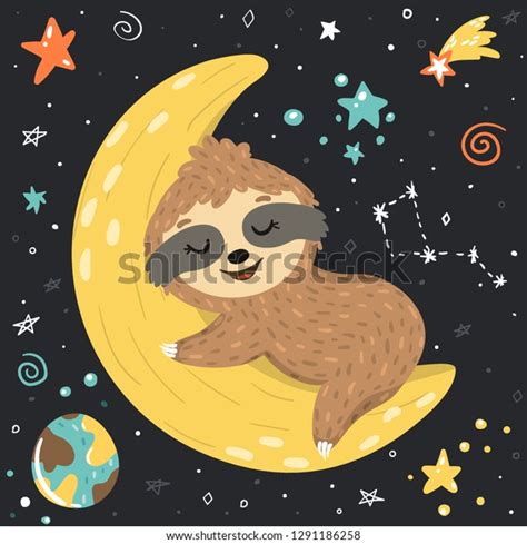 Smiling Cute Baby Sloth Sleeping On Stock Vector (Royalty Free ...