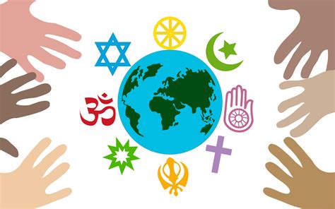 Hands around the globe and the symbols of the religion. Vector ...