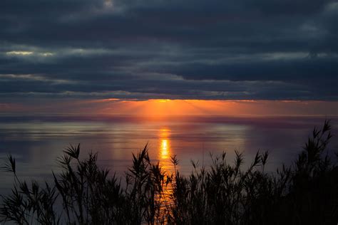 wallpaper sea, horizon, sunset, clouds, grass, twilight HD : Widescreen ...