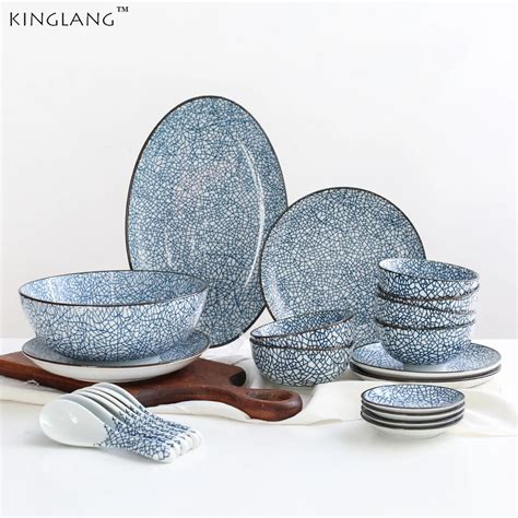 KINGLANG Japanese Design Blue And White Ceramic 22 Pieces 6 Person Use ...