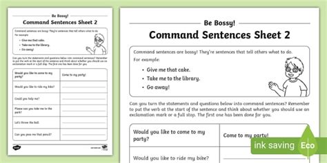 Be Bossy! Command Sentences Sheet 2,commands,imperative verb