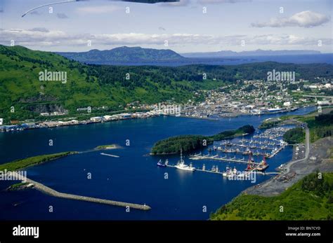 Aerial view of the city of Kodiak, Kodiak Island, Alaska, Summer Stock ...