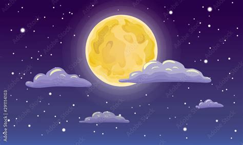 vector full moon, stars, and clouds on the dark midnight sky. Night sky ...