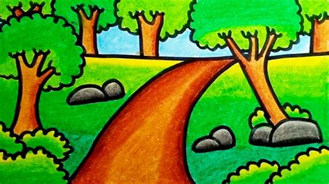 How To Draw Forest Scenery Simple For Kids | Drawing Forest Scenery For ...