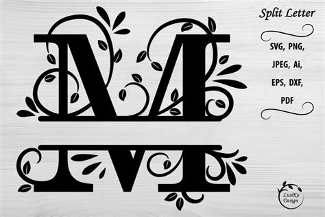 Letter M. Split monogram letter M. Floral alphabet SVG, DXF